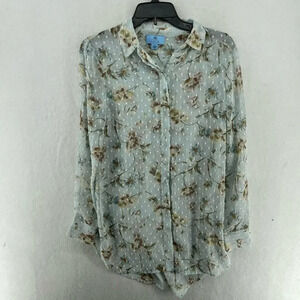 CeCe Cynthia Steffe Button Up Tunic Women's XS Blue Floral Pearl Hi Low Sheer